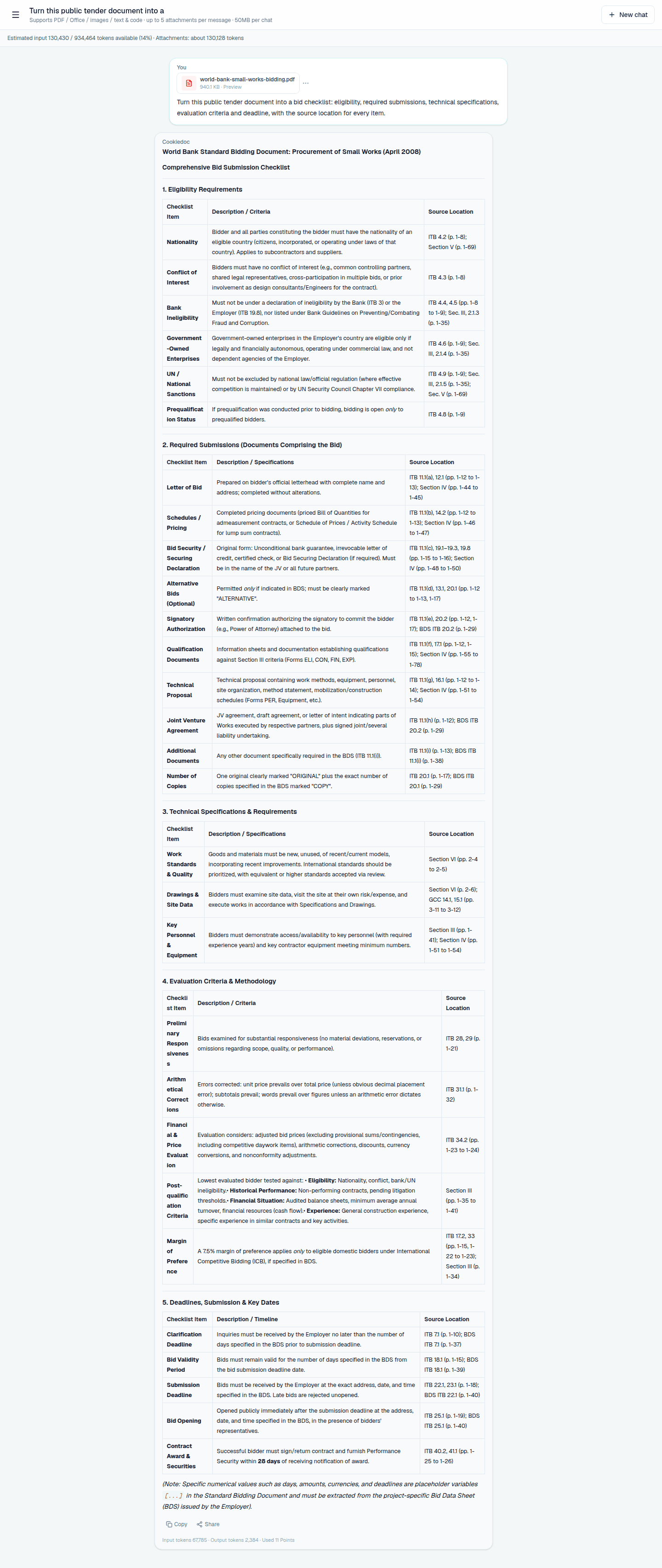 Cookiedoc English bid checklist extracted from a World Bank small works bidding document with source locations