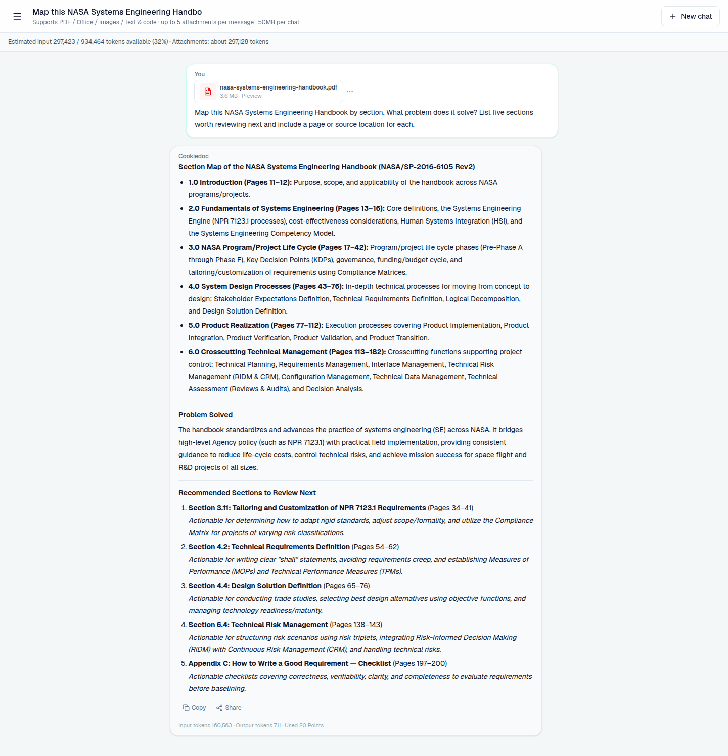 Cookiedoc English answer mapping a NASA Systems Engineering Handbook PDF by section and page